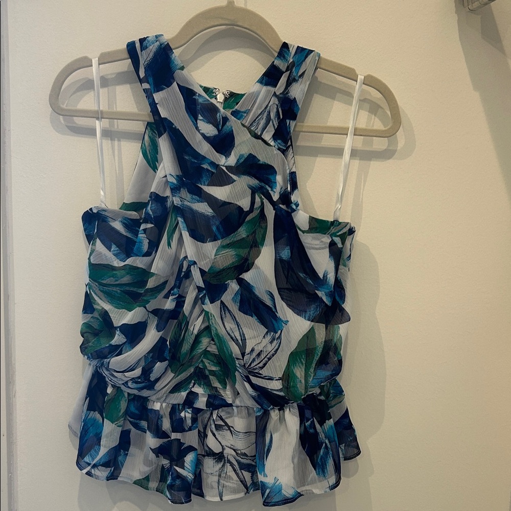 White House Black Market Blue and Green Tropical Halter Top